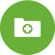 Icon of a folder with a medical cross symbol in a green circle.