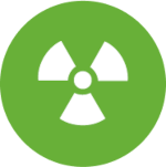 Icon of a radiation hazard symbol in a green circle.