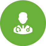 Icon of a doctor wearing a tie and stethoscope in a green circle.