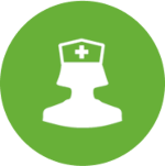 Icon of a nurse wearing a cap with a cross symbol in a green circle.