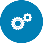 Icon of one large and one small gear in a blue circle.