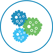 Icon with three cells in green, dark blue and light blue, each containing multiple dots in a blue circle representing variance in how tumors present in different part of the body.
