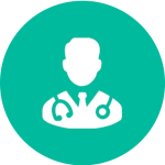 Icon of a doctor wearing a tie and stethoscope in a green circle.
