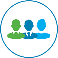 Icon with three people in green, dark blue, and light blue in a blue circle representing variance in how tumors may present in different people.